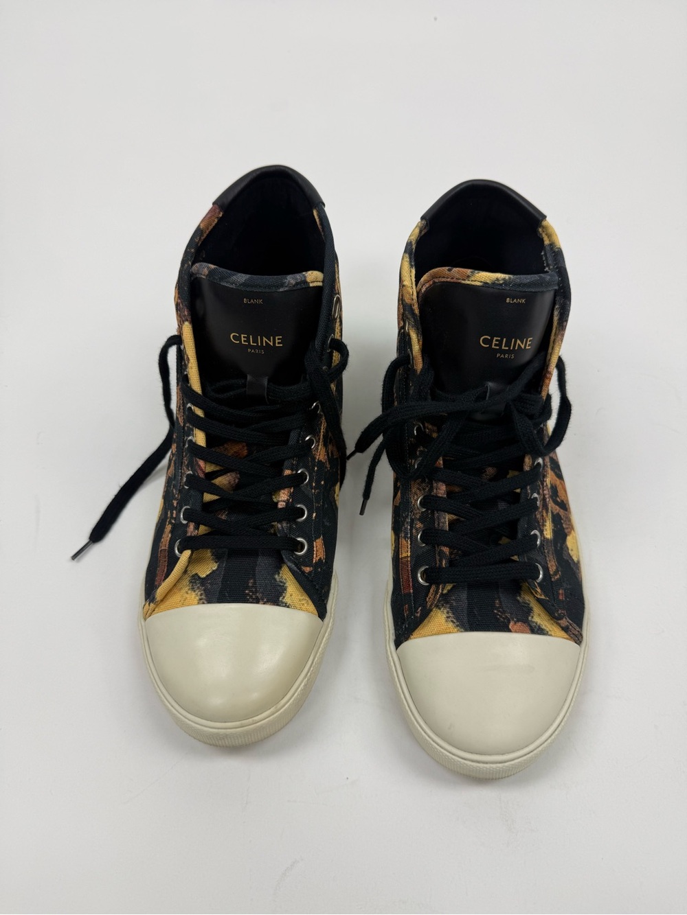 Celine Black High-Top Sneakers with Yellow & Black Floral Print